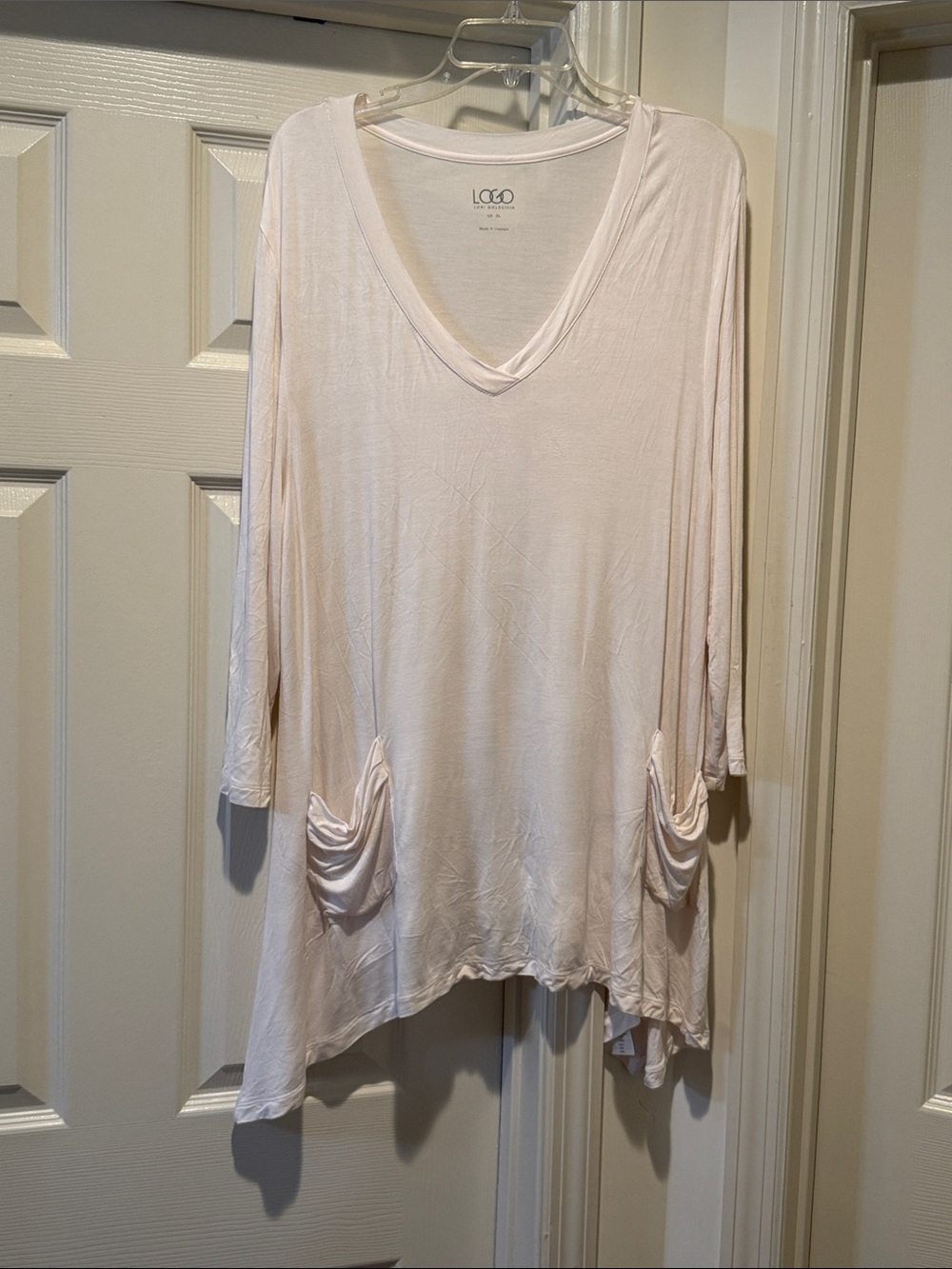 NWOT LOGO Lori Goldstein Soft Off WHT V-Neck Pocket Tunic Asymmetrical Hem XL - Picture 2 of 10